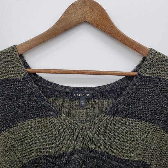 Womens XS Olive Black Striped Sweater Grungecore Knit Slouchy V-Neck Fall Top - Picture 12 of 15